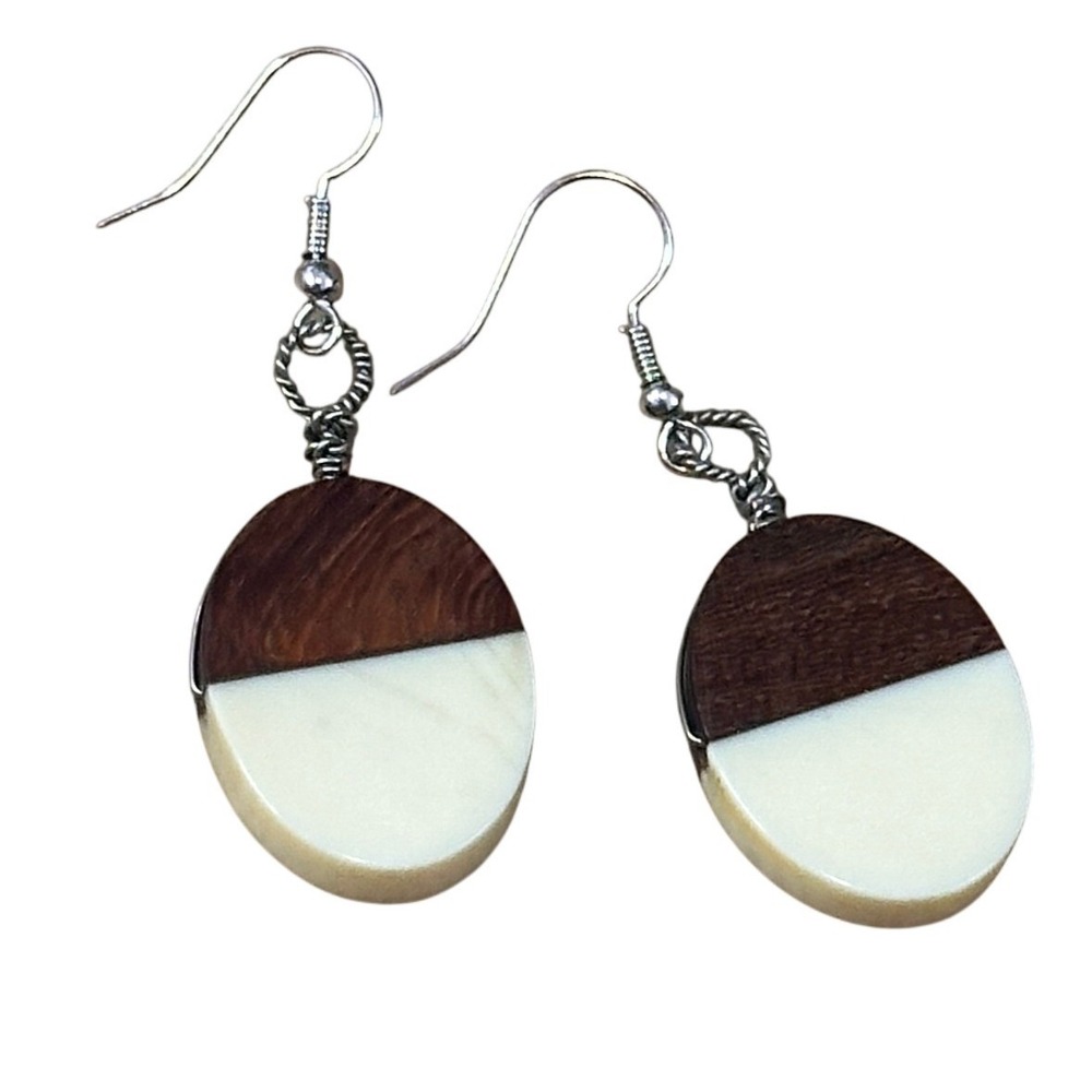 Handcrafted Two Tone Wood and Cream Oval Drop Earrings Silver Tone